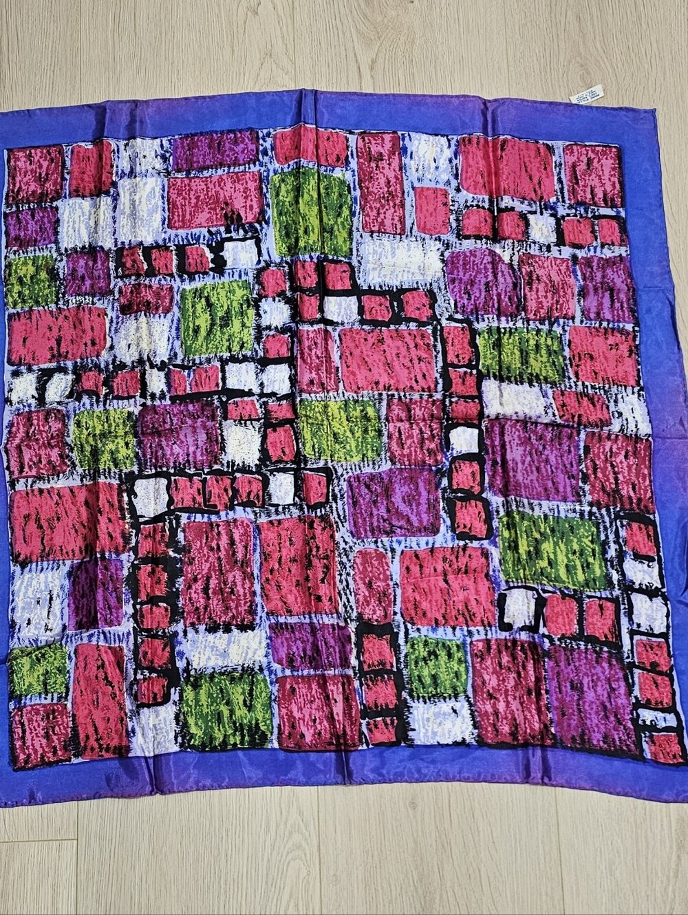 Vintage Japan Hand Rolled Rayon Scarf 30” Abstract Geometric Purple Pink